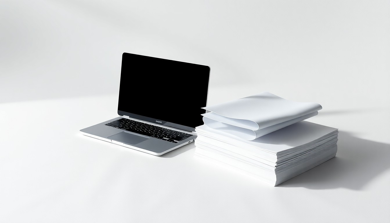 A high-end, photorealistic studio still-life photograph featuring a sleek silver laptop computer and a stack of crisp white documents, conceptually representing CrowdStrike's corporate strategy and financial strength.
