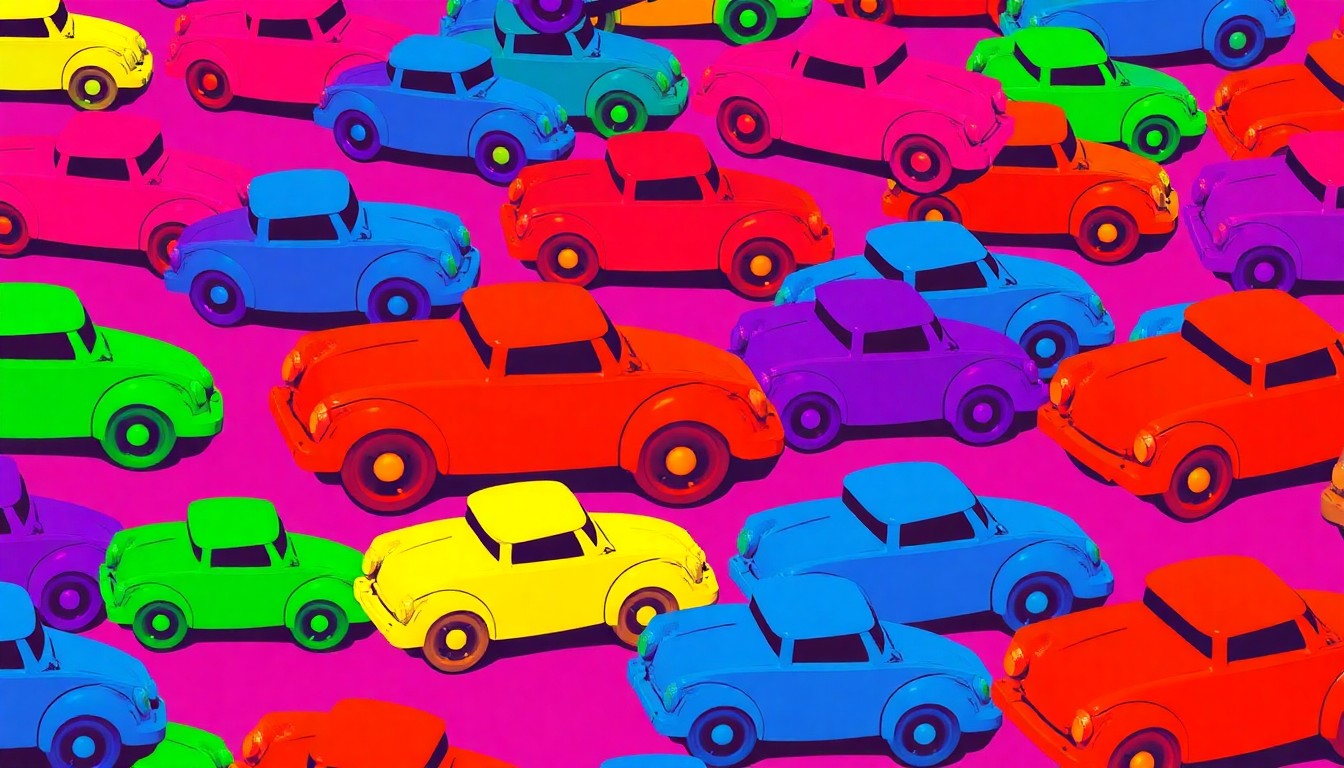 A bold, colorful silkscreen print featuring a vintage wooden toy car repeated in a grid, capturing the playful and vibrant spirit of the toy shop.