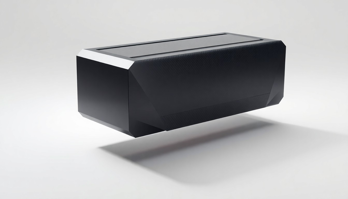 A photorealistic studio still-life image of a sleek, angular electric vehicle battery pack made of polished aluminum and carbon fiber, floating on a clean white background and dramatically lit from the side to highlight the premium materials and craftsmanship.