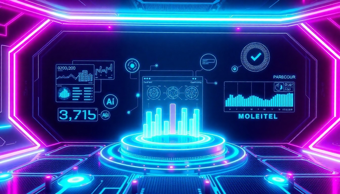 A highly detailed, glowing 3D illustration of a futuristic user interface with floating data visualizations and AI model components, illuminated by neon cyan and magenta lights, conceptually representing the advanced digital infrastructure of an enterprise AI platform.