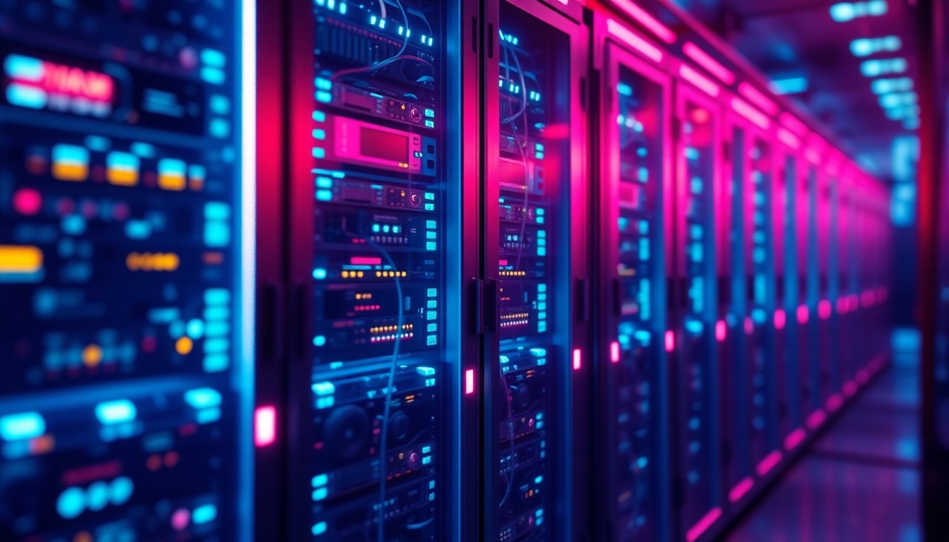 A highly detailed, glowing 3D illustration of a futuristic data center or server rack, with neon cyan and magenta lights illuminating the intricate hardware components, conceptually representing the advanced technology powering AI-driven business intelligence.