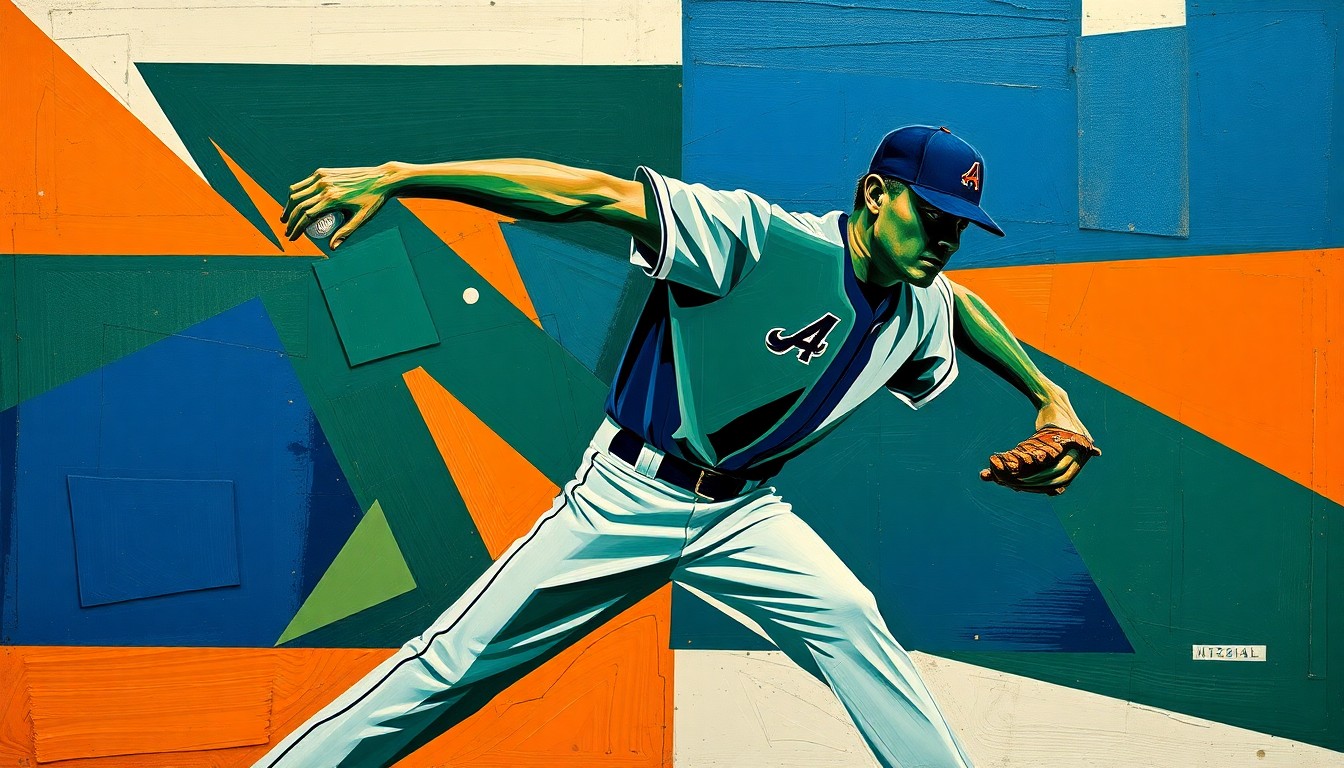 A cubist-style painting depicting a baseball pitcher's motion broken down into sharp, overlapping geometric planes in a palette of navy blue, forest green, and burnt orange, conveying the sustained performance and adaptability required for a long MLB career.