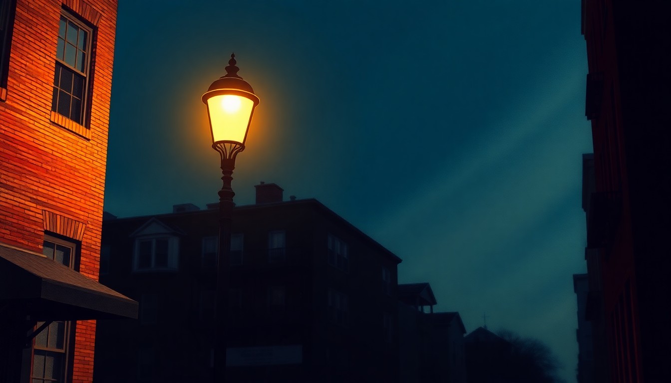 A warm, cinematic painting of a single street lamp in a quiet urban setting, with soft light and deep shadows creating a nostalgic, contemplative mood.