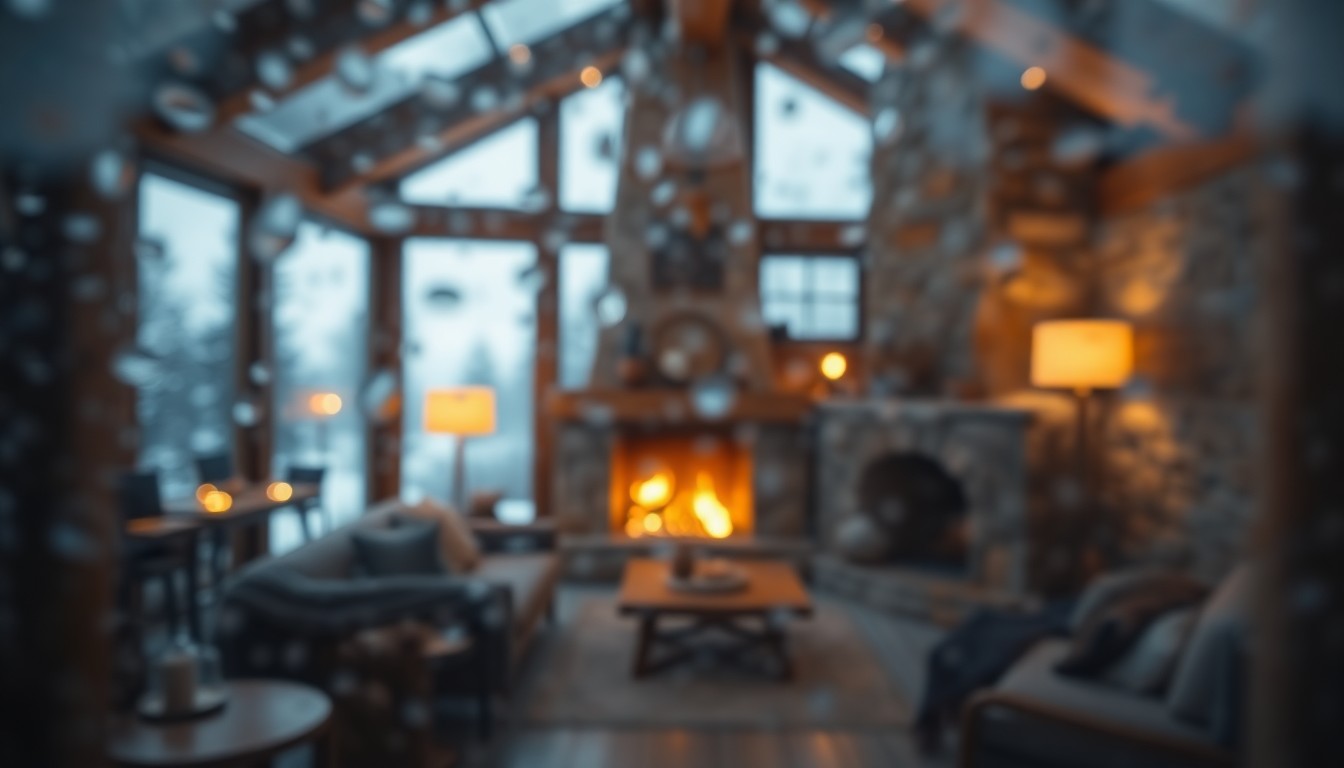 An abstract, impressionistic photograph showing the warm, textured interior of a modern mountain-inspired retail space, with hints of natural wood and stone elements visible through a hazy, out-of-focus lens.