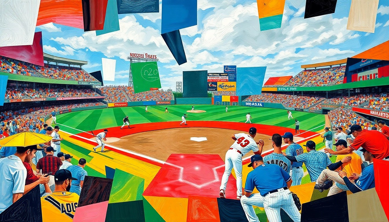 A fractured, geometric painting depicting a baseball game, with sharp planes of color representing the players, field, and action on the diamond.