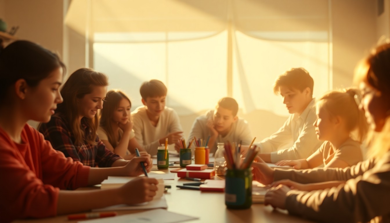An out-of-focus, dreamlike scene of students' hands engaged in various creative projects, such as drawing, collaging, and writing, surrounded by a warm, hazy glow that captures the calm, introspective atmosphere of the Bullet Journaling Club.