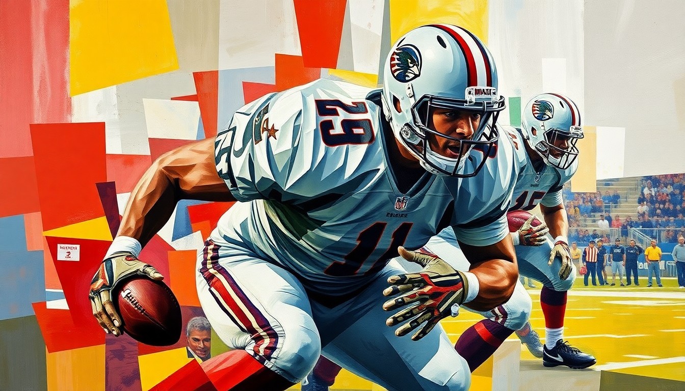 A fragmented, geometric painting depicting the silhouette of a football offensive lineman in motion, broken down into sharp, overlapping shapes and planes of color, conveying the multifaceted nature of evaluating a player's medical status ahead of the NFL draft.