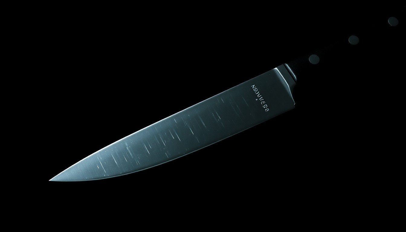 An extreme close-up photograph of a knife blade against a pitch-black background, lit by a harsh, direct camera flash, creating a stark, gritty, investigative aesthetic.