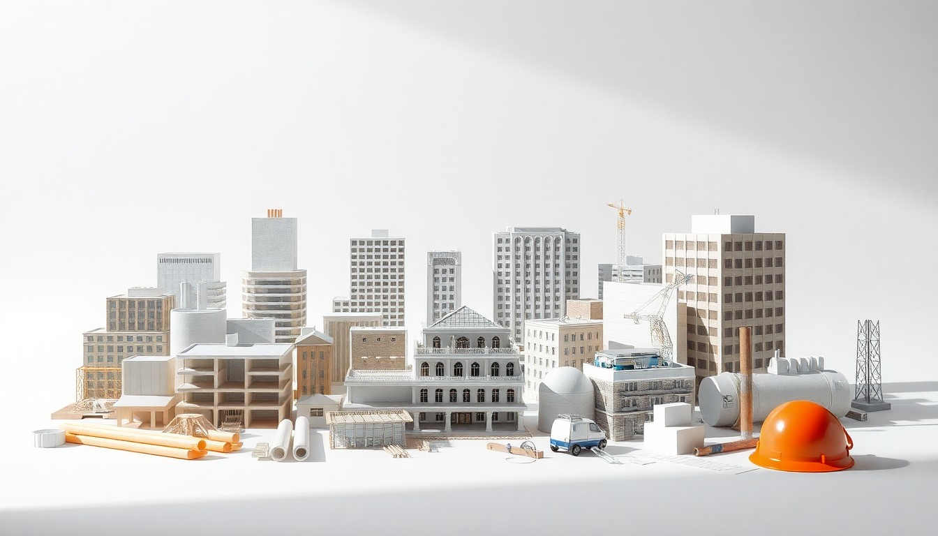 A minimalist, high-contrast studio photograph featuring a collection of architectural models, building materials, and engineering tools arranged in a clean, elegant composition on a plain white background, conceptually representing the slowdown in construction activity in Washington, D.C.