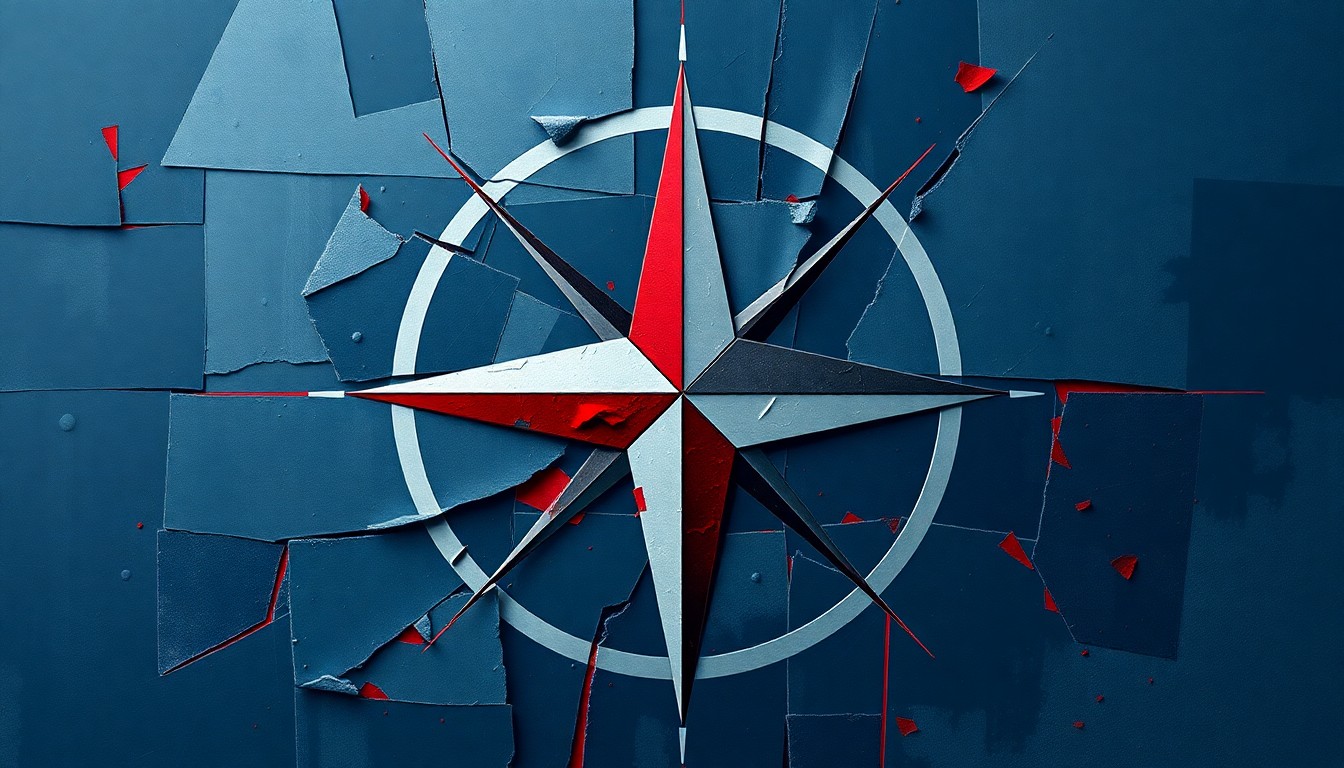 A dynamic, abstract painting featuring overlapping, fragmented shapes in shades of navy, grey, and red, conceptually representing the fractured relationship between the U.S. and NATO.