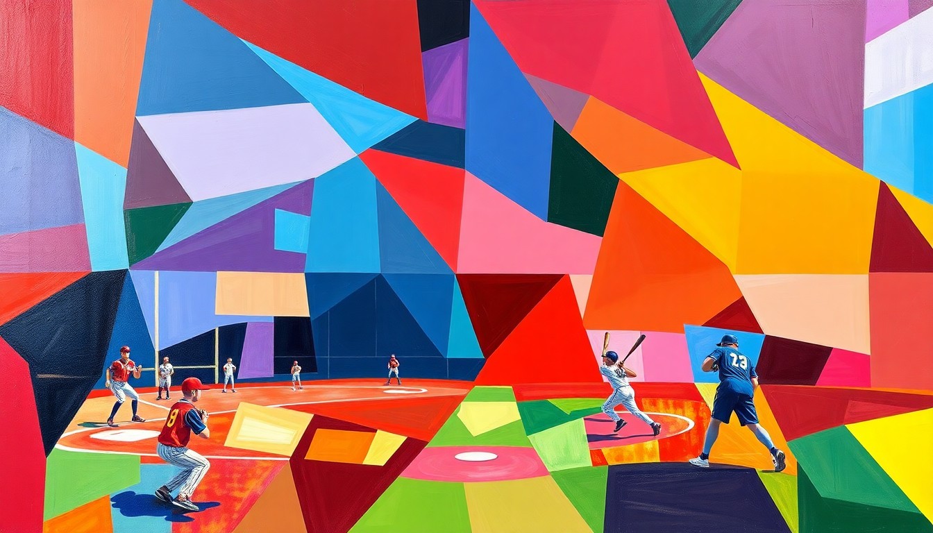 A cubist, geometric painting depicting a high school softball game, with sharp, overlapping planes of the teams' colors representing the dynamic action and competitive spirit of the match.