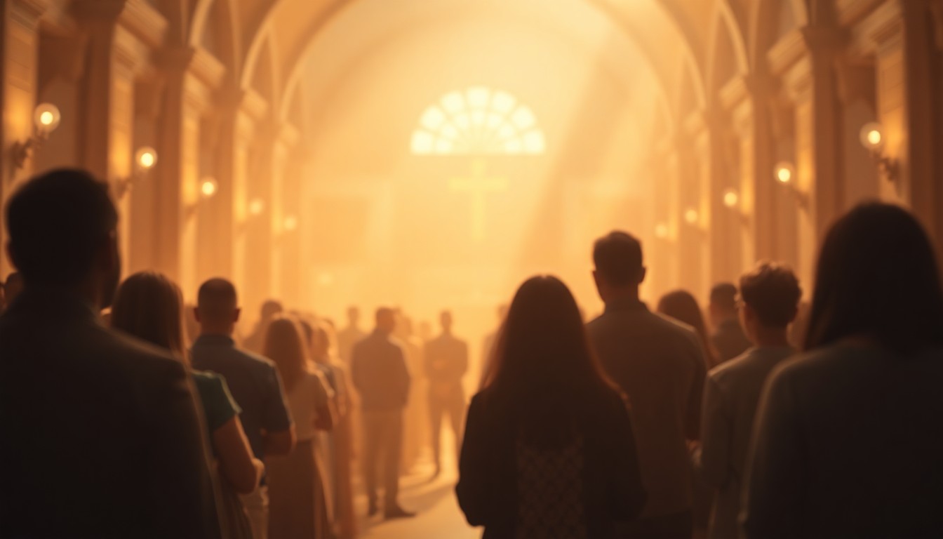 An abstract, out-of-focus photograph in warm, hazy tones depicting a group of people gathered in a chapel setting, with the architecture and lighting creating a sense of reverence and contemplation.
