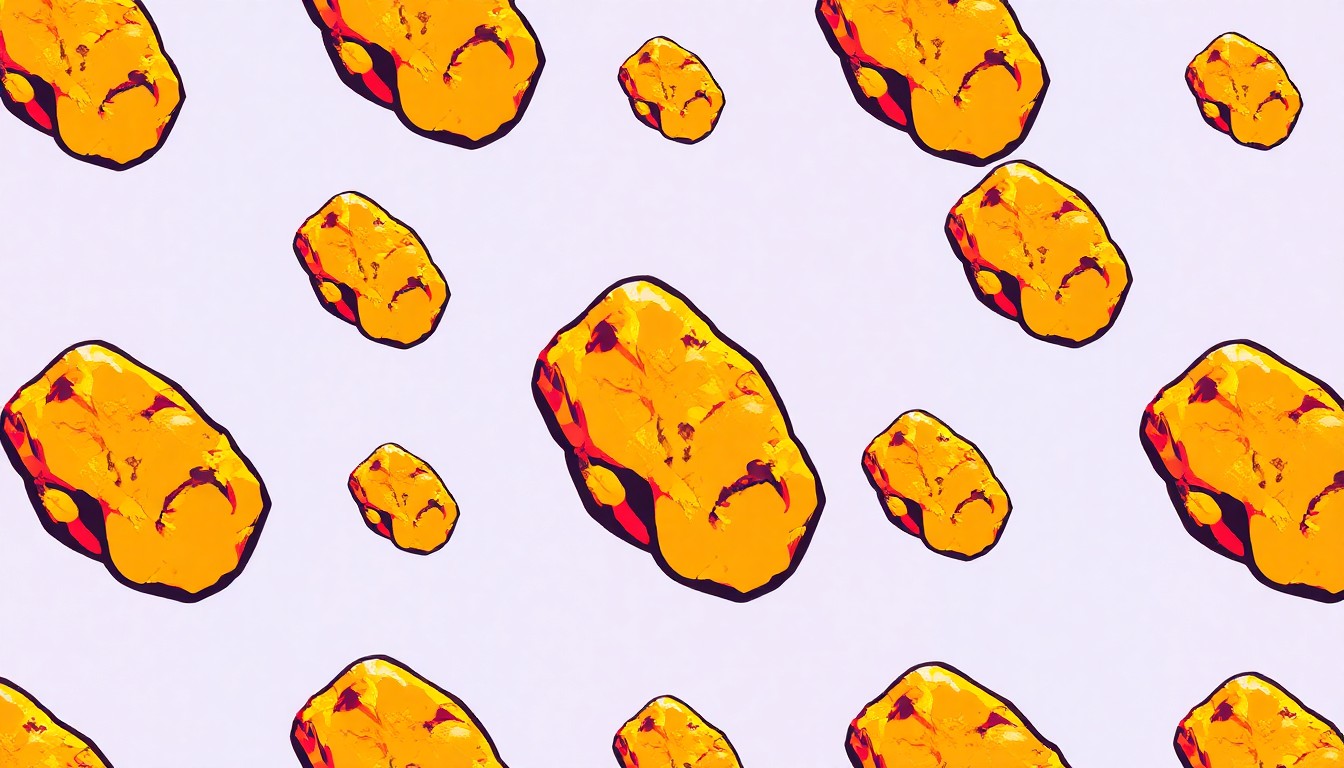 A bold, stylized illustration of a gold nugget repeated in a grid pattern, using bright neon colors and heavy black outlines to capture the excitement and energy of the prospecting community.