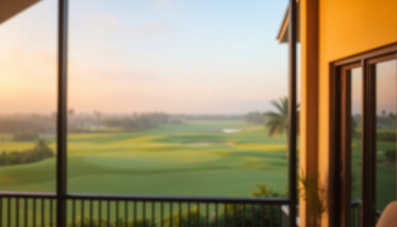 An abstract, out-of-focus photograph in warm, hazy tones depicting a glass-enclosed lanai overlooking a lush, green golf course, conceptually representing the comfortable, amenity-rich lifestyle of a retirement community.