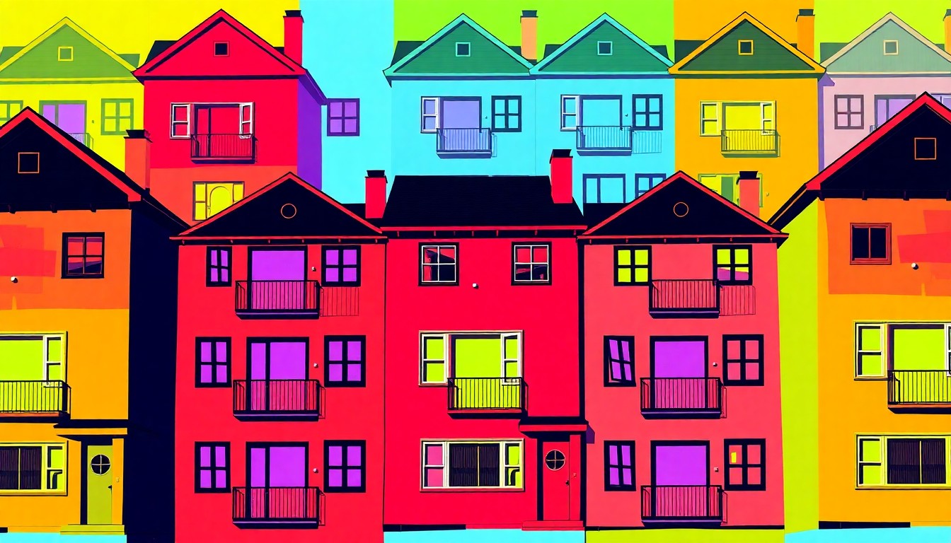 A brightly colored, high-contrast silkscreen print of a single, iconic condo unit repeated in a tight grid pattern, utilizing flat, vibrant neon color palettes and heavy black photographic outlines to transform residential real estate into modern pop art.