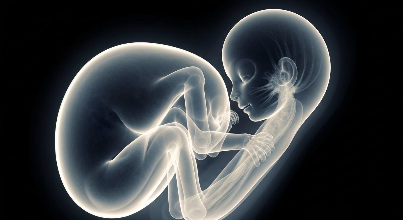 An ethereal, X-ray-like image showing the translucent outline of a fetus within a mother's womb, the internal structures glowing faintly to conceptually represent the potential for Lyme disease transmission.