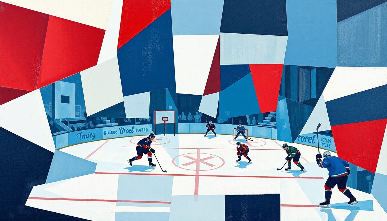 A cubist-style painting depicting a hockey game broken down into sharp, overlapping geometric shapes in blue, red, and white, conveying the intensity and drama of the Capitals' crucial victory.