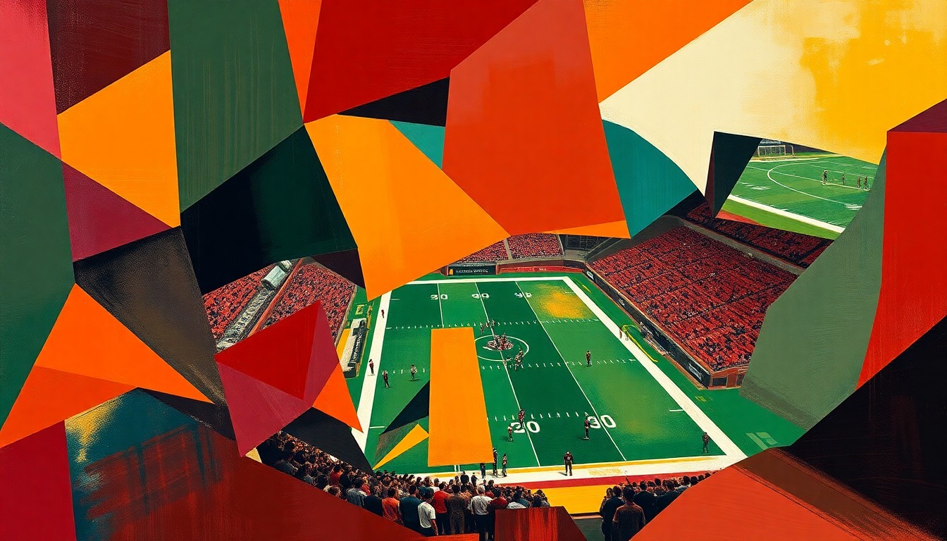 A fragmented, geometric painting in deep maroon, burnt orange, and forest green tones, capturing the dynamic action and energy of a college football game in an abstract, cubist style.