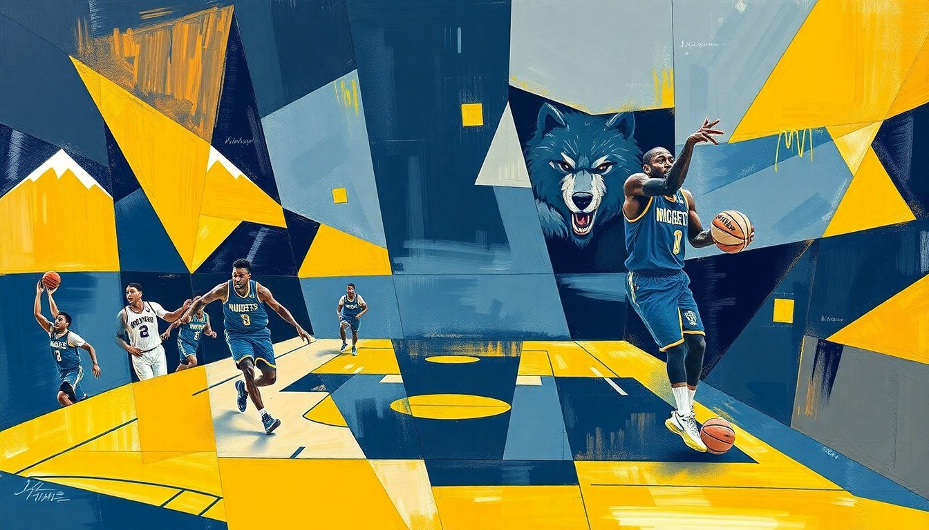 A cubist, geometric painting depicting a basketball game in motion, with sharp, overlapping planes of navy blue, gold, light blue, and dark gray, capturing the energy and dynamism of the Nuggets' recent victory.