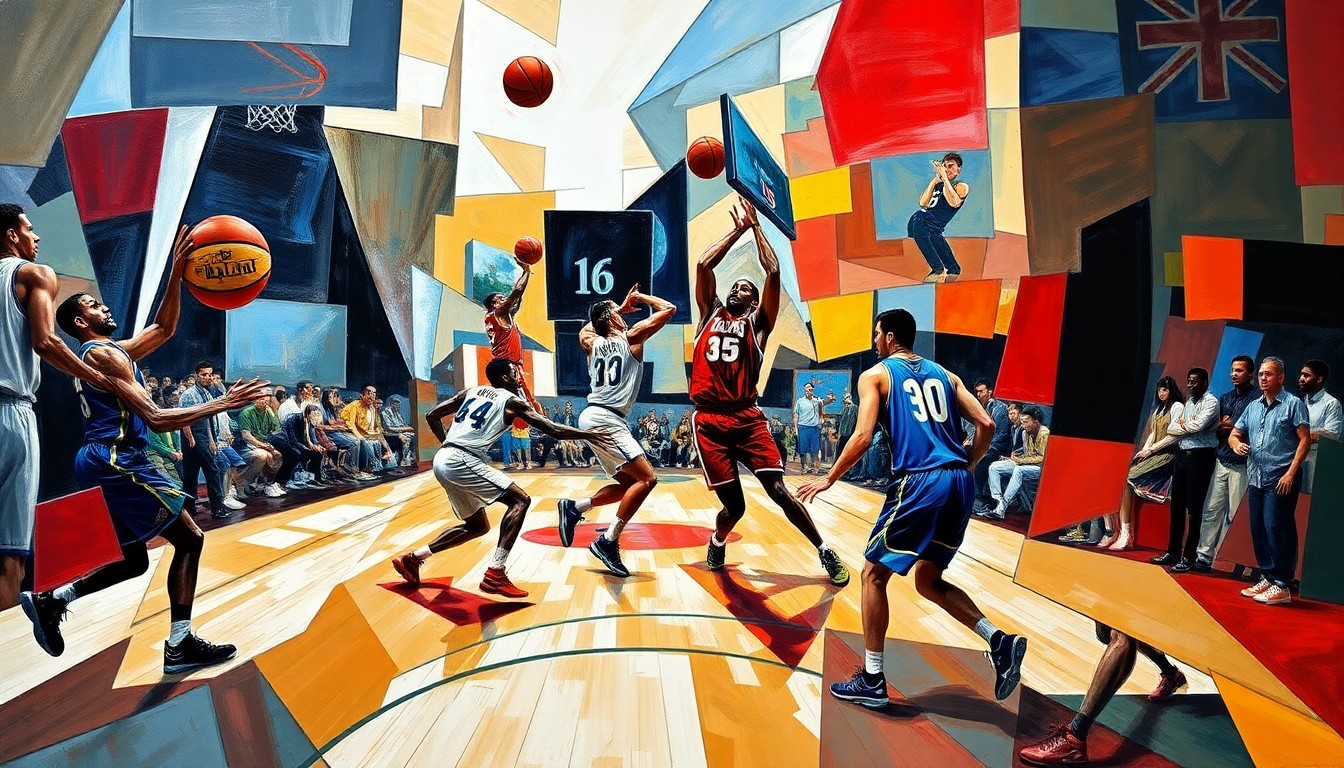 A fragmented, geometric painting depicting the dynamic movements and competitive intensity of a basketball game, with players' forms broken down into sharp, overlapping planes of color and shape.