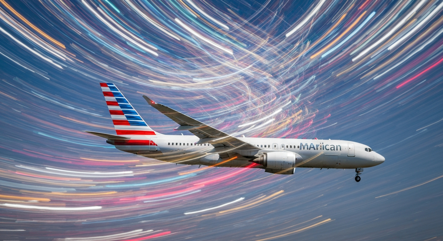 An abstract, colorful blur of an American Airlines jet in motion, conveying the speed and dynamism of air travel.
