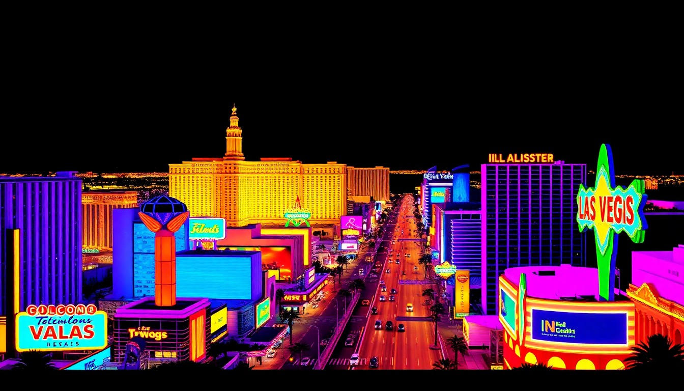 A brightly colored, high-contrast silkscreen print of the Las Vegas Strip skyline repeated in a tight grid pattern, capturing the iconic cityscape in a modern pop art style.