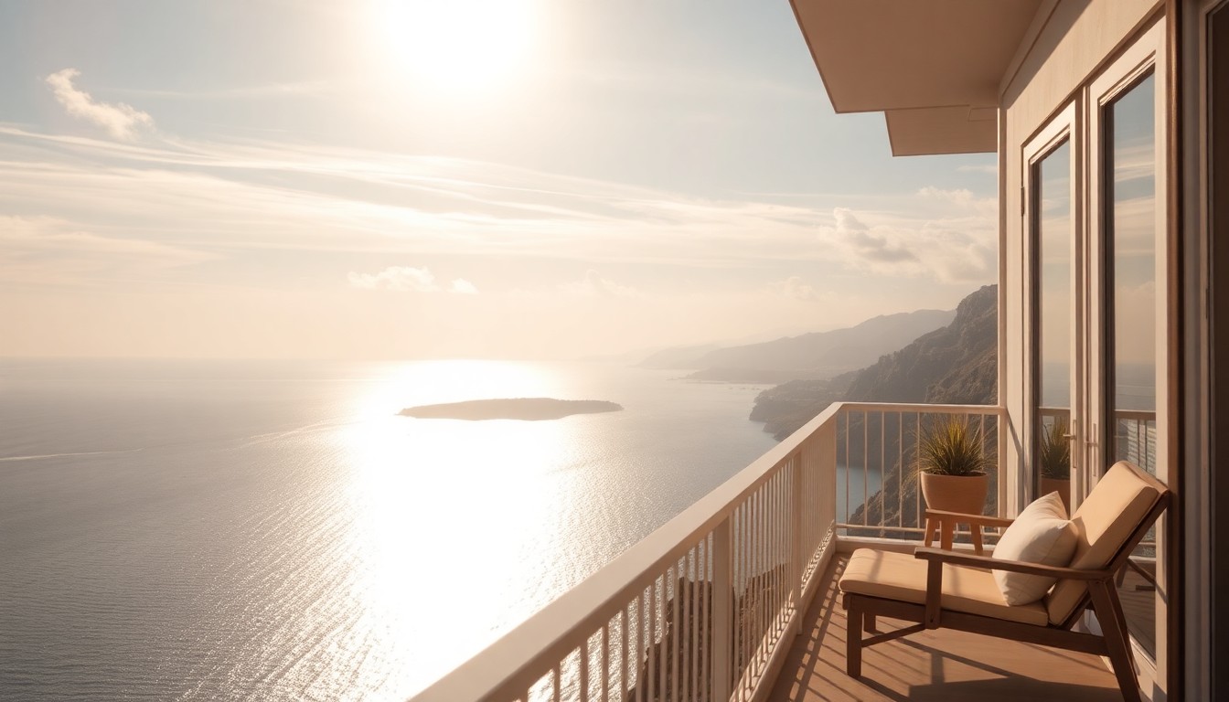 A softly focused, impressionistic photograph of a private balcony overlooking a calm, glimmering bay, with the sun's rays filtering through wispy clouds and creating a warm, tranquil atmosphere.