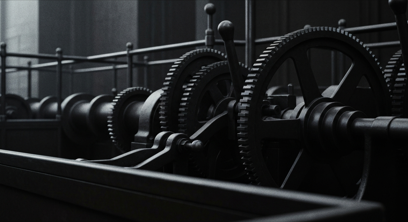 An extreme close-up of the intricate mechanical components of a banking or financial institution, captured in a high-contrast, cinematic style that emphasizes the industrial nature of the modern economy.