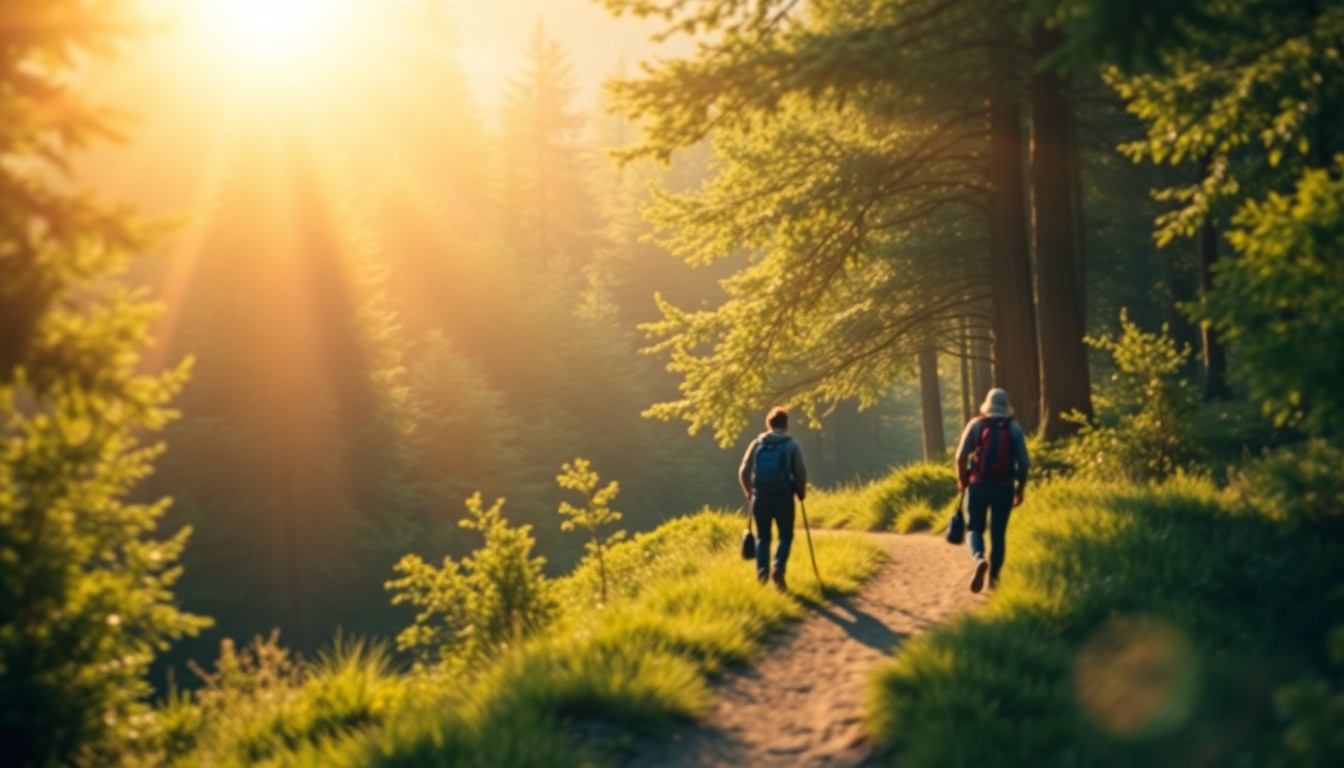 An abstract, out-of-focus photograph of hikers walking on a trail through a forested area, with warm, soft light filtering through the trees, creating a dreamy, atmospheric scene.