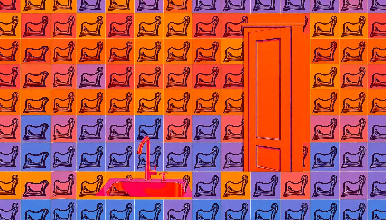 A vibrant, high-contrast silkscreen illustration featuring a repeated pattern of a single luxury home feature, such as a copper sink or granite countertop, in a bold, neon color palette, conceptually representing the premium craftsmanship and design of this custom residence.