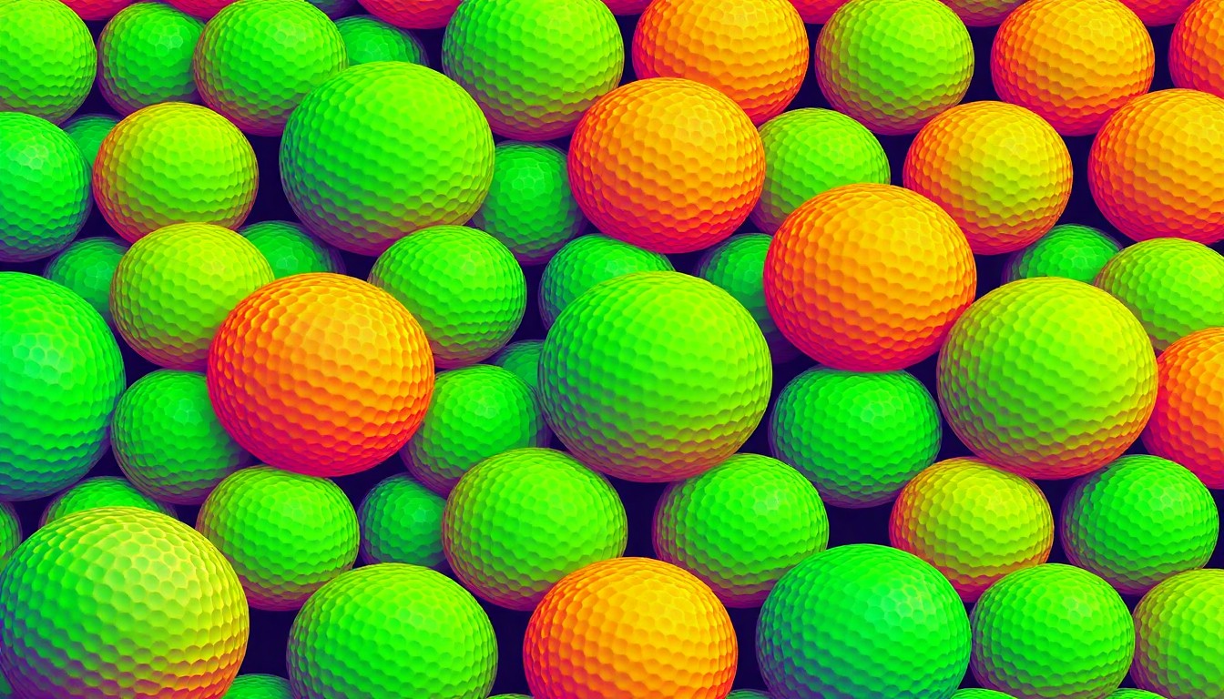 A brightly colored, high-contrast silkscreen print of a golf ball repeated in a tight grid pattern, using vibrant neon colors to capture the energy and excitement of an active, golf-focused lifestyle community.