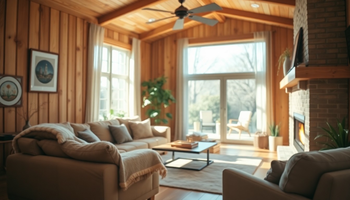 An extremely blurred, dreamy photograph of a cozy living room with warm lighting, soft textures, and a glowing fireplace, conceptually representing the comfortable and inviting atmosphere of a Santa Fe home.