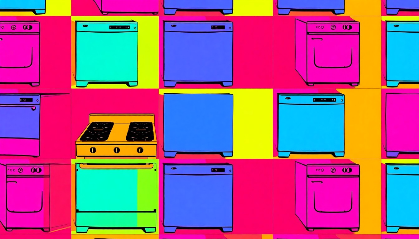 A high-contrast, silkscreen-style illustration of a gas range repeated in a grid pattern, using bold neon colors and heavy black outlines to transform an everyday appliance into a modern pop art piece.
