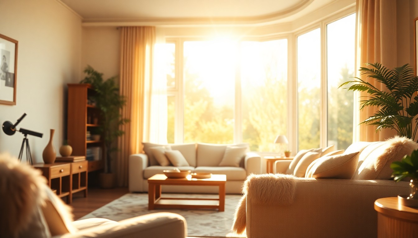 An abstract, out-of-focus photograph of a cozy living room filled with soft, warm light, conveying a sense of tranquility and comfort.