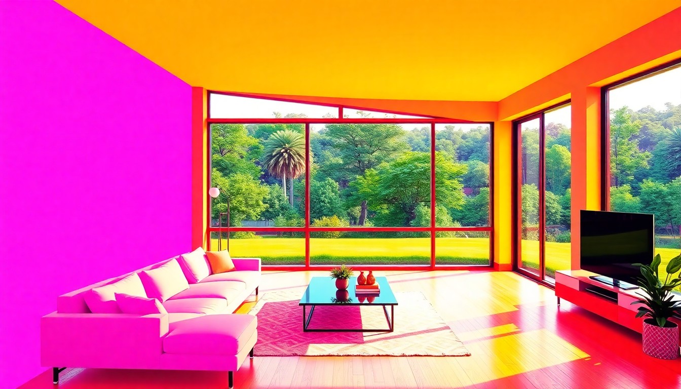 A brightly colored, high-contrast silkscreen print of a modern, open-concept living room with large windows overlooking a lush, green landscape, conceptually representing the vibrant lifestyle and amenities of the Rossmoor community.