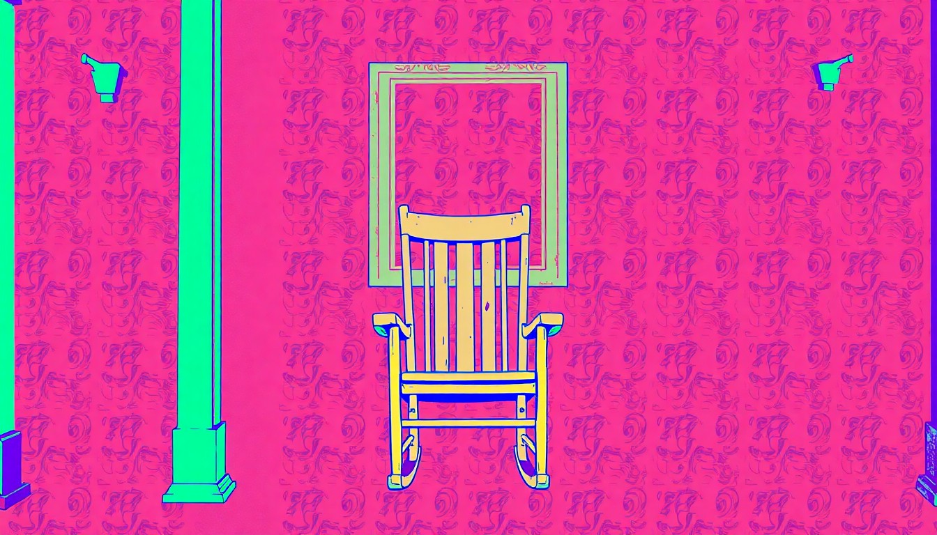 A brightly colored, high-contrast silkscreen print of a rocking chair on a front porch, repeated in a tight grid pattern, capturing the modern, stylized aesthetic of the home's inviting outdoor living space.