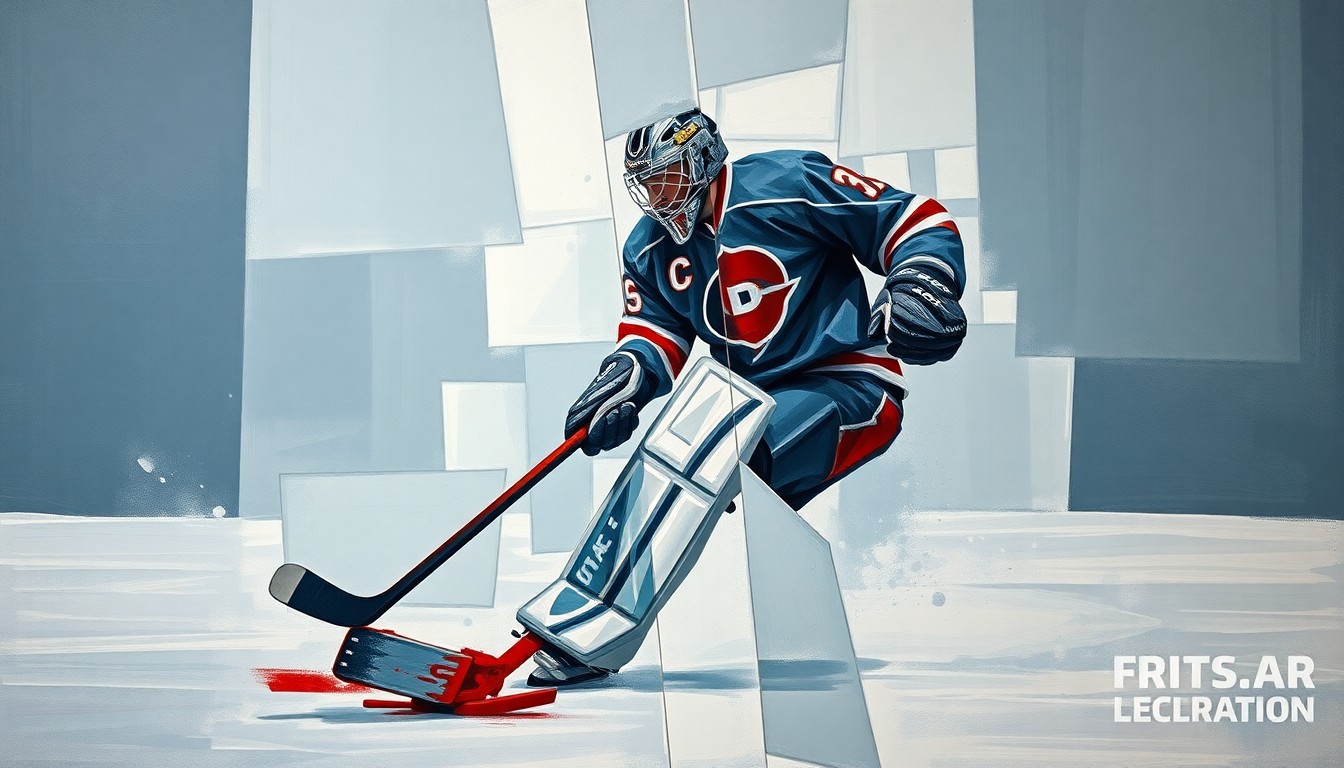 A fractured, geometric painting depicting a hockey goaltender in mid-kick, their body and equipment broken down into sharp, overlapping planes of muted blue, grey, and white tones with hints of red, capturing the raw energy and tension of the moment.