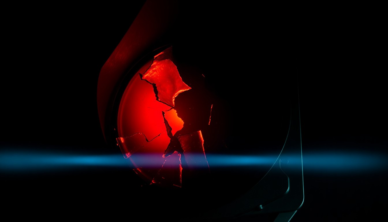 An extreme close-up photograph of a damaged traffic signal lens or reflector, the harsh flash lighting creating a stark, gritty aesthetic that conceptually represents the investigation into a fatal pedestrian collision.