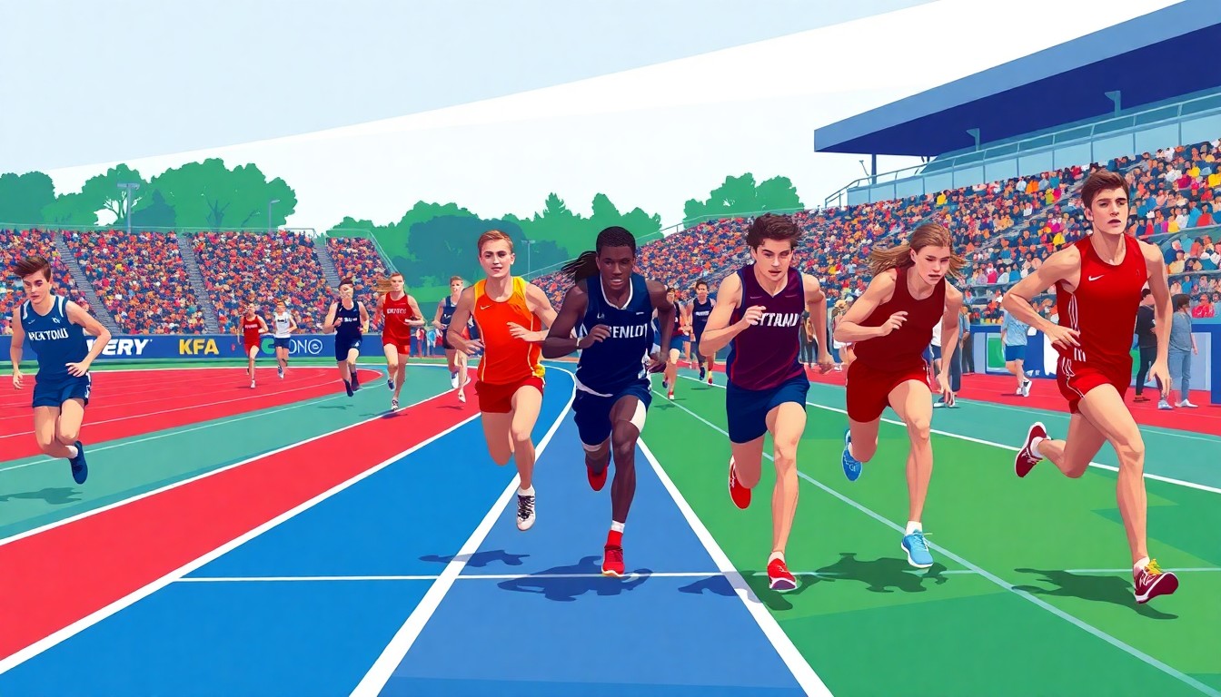 A cubist, geometric painting in vibrant colors depicting the overlapping movements and competition of a high school track and field meet, capturing the energy and excitement of the event.