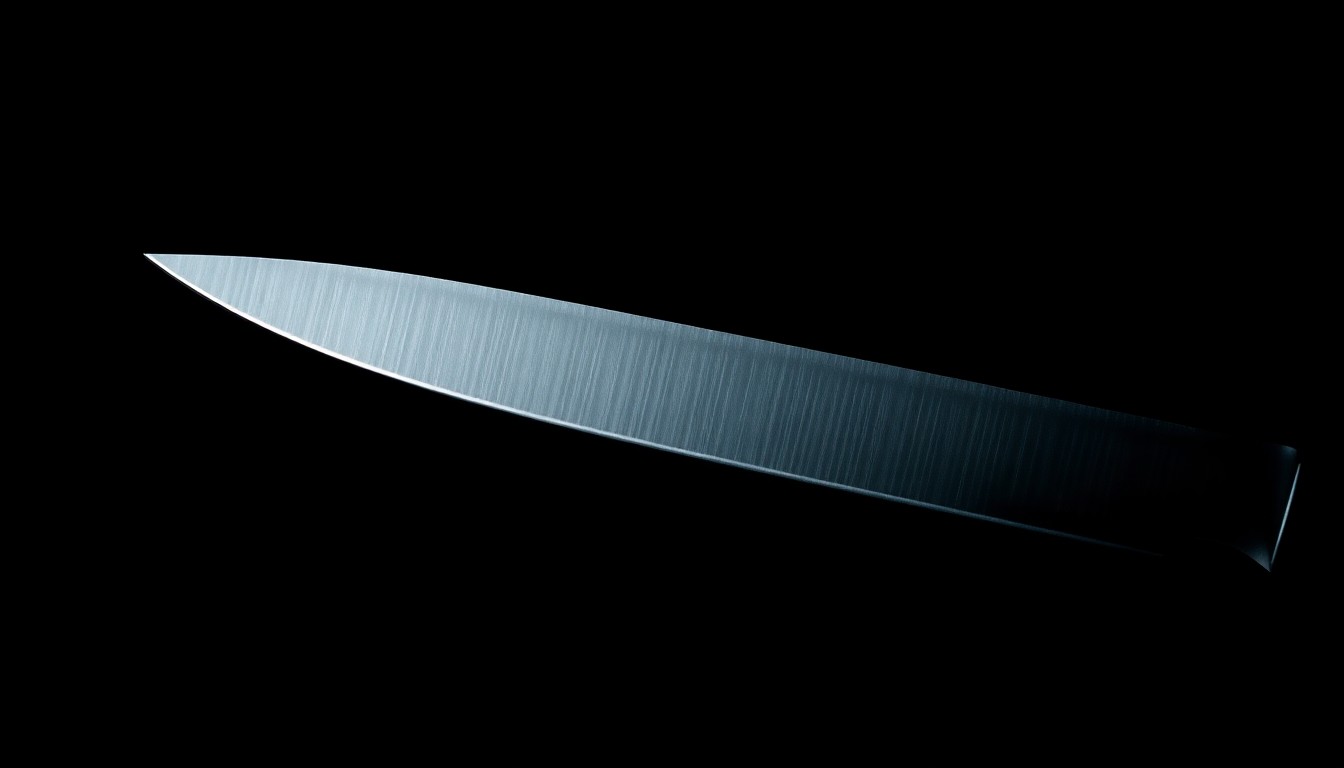 An extreme close-up of a knife blade against a stark black background, the harsh flash creating dramatic shadows and highlights that convey a sense of violence and investigation.
