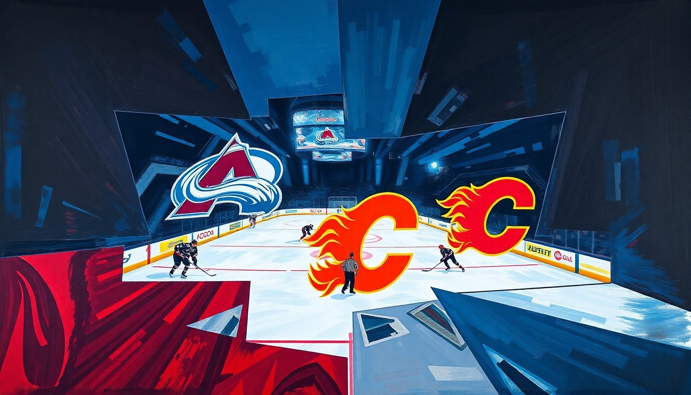 A fractured, multi-perspective painting in bold, contrasting colors representing a hockey game between the Colorado Avalanche and Calgary Flames, with the players and action deconstructed into sharp, overlapping geometric shapes.