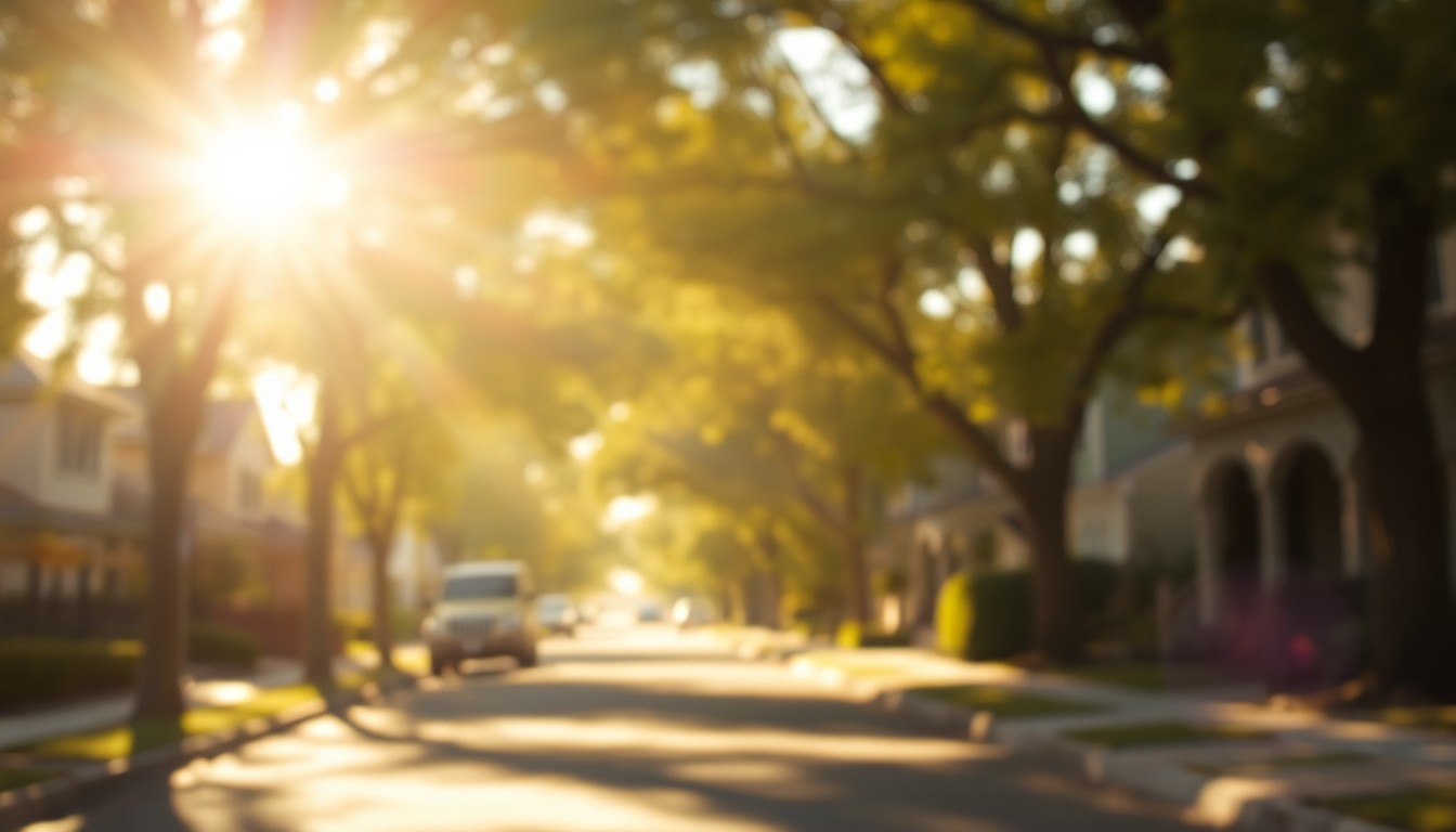 An abstract, out-of-focus photograph of a residential street in Fresno, with warm, hazy sunlight filtering through the trees and casting a dreamlike, atmospheric quality over the scene.