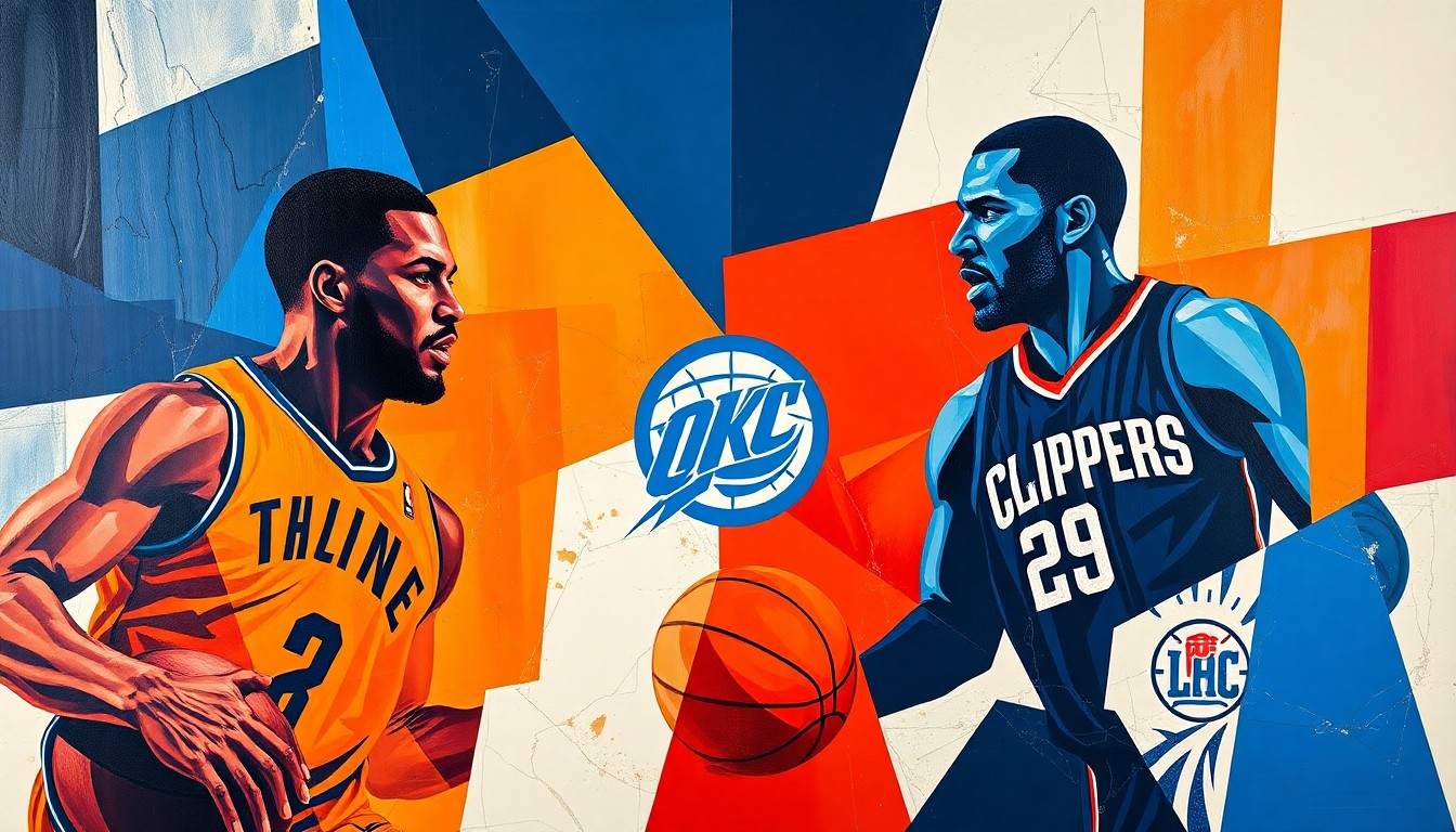 A cubist, geometric painting depicting an abstract basketball game between the Oklahoma City Thunder and Los Angeles Clippers, with the players' forms broken down into overlapping planes of navy blue, orange, red, and white.