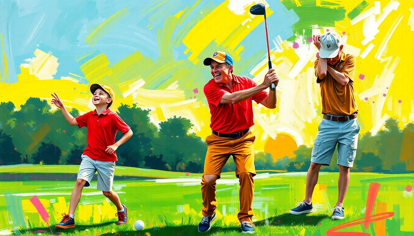 An abstract, energetic painting featuring bold, neon-colored brushstrokes that capture the dynamic movement and emotional connection between a father and his two young sons playing golf together.