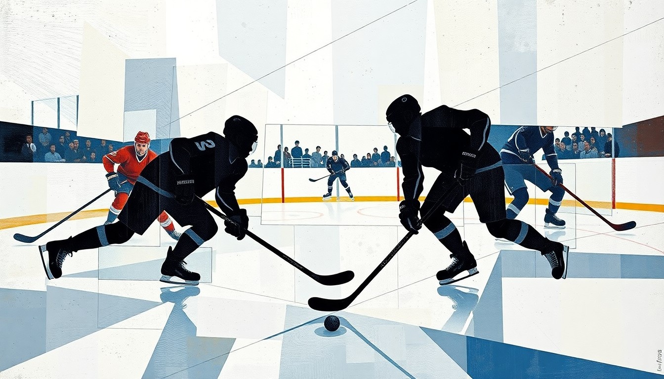 A fractured, cubist-style painting depicting the silhouettes of hockey players in motion, with the puck and ice surface represented through bold, angular shapes and lines, capturing the dynamic energy of the game.