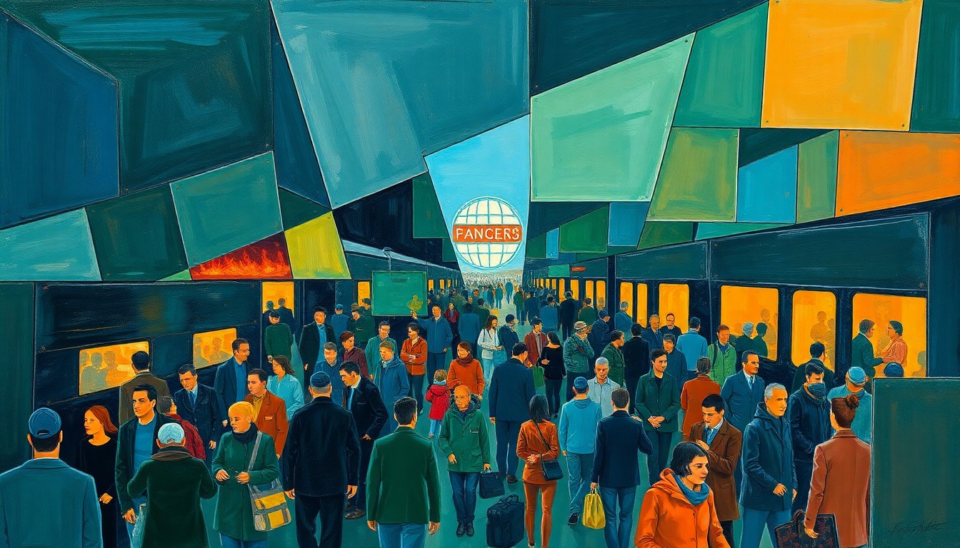 A fragmented, cubist-style illustration depicting the chaotic scene of a crowded train station, with overlapping geometric shapes and planes in shades of blue, green, and orange conveying the complex transportation challenges surrounding the World Cup matches.