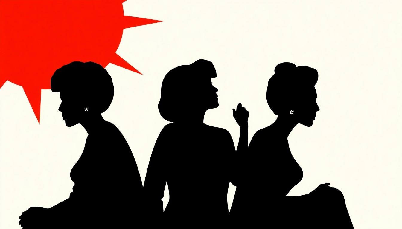 A striking, abstract composition of bold, jagged black silhouettes and high-contrast solid colors like red and white, conceptually representing the women-led, diversity-focused comedy of Rosie Tran Presents.