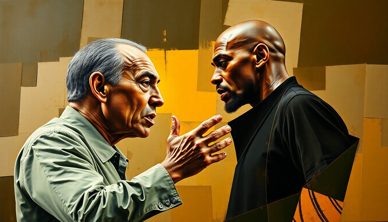 A cubist, geometric painting depicting an intense interaction between an NBA coach and player, with sharp, overlapping planes in muted earth tones conveying the emotional tension of the moment.