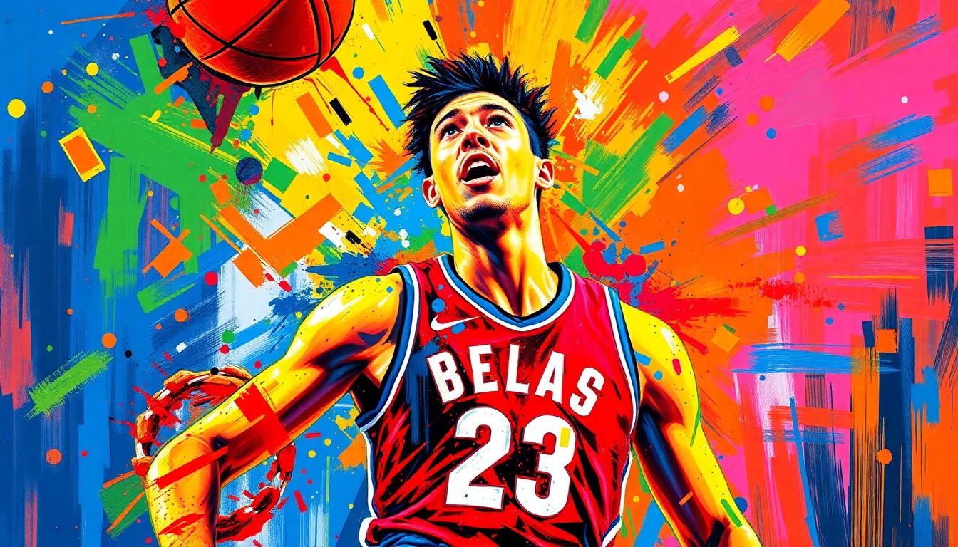 An abstract, expressionist painting featuring vibrant neon brushstrokes and splatters of color, capturing the raw energy and athleticism of a basketball player in motion, with their face and jersey number obscured by the dynamic, energetic style.