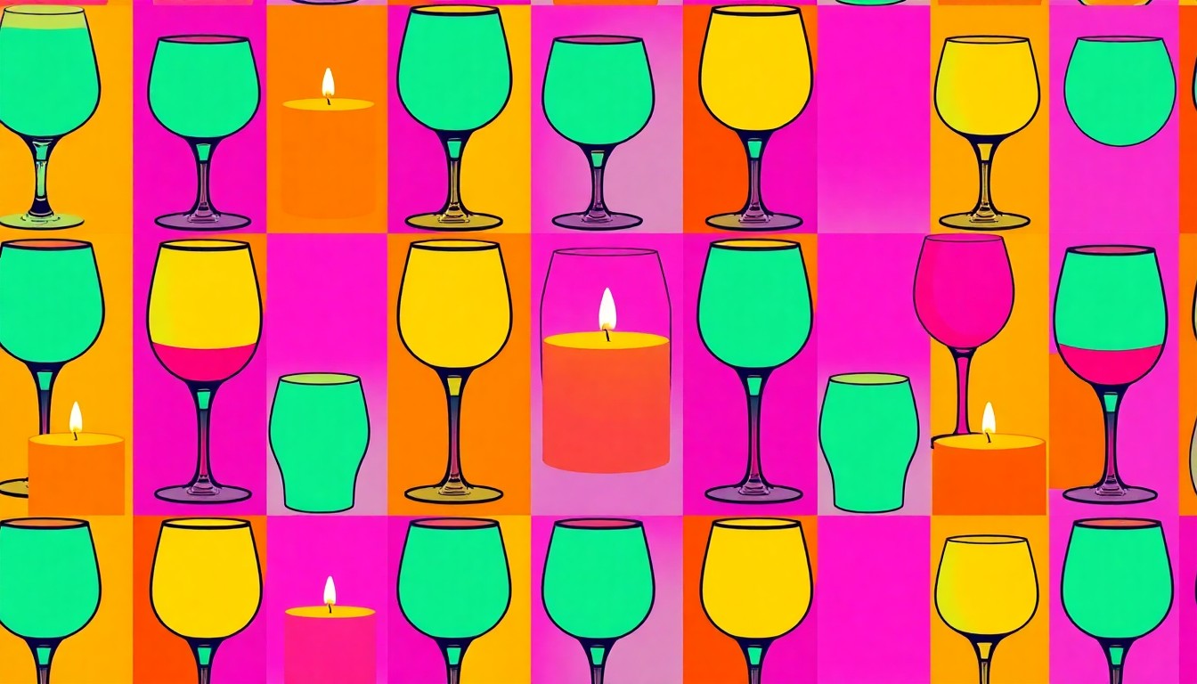 A brightly colored, high-contrast silkscreen print of a wine glass repeated in a tight grid pattern, conceptually representing the adult-focused amenities of a specialized short-term rental property.